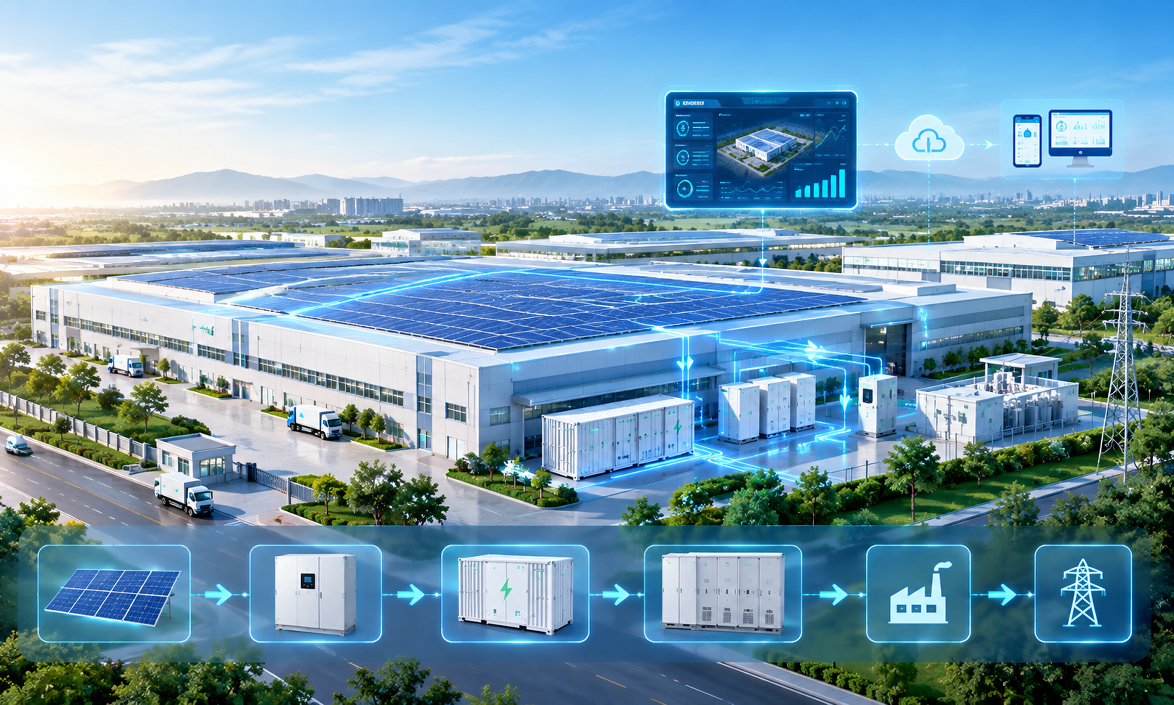 Integrated photovoltaic and energy storage solution for factories